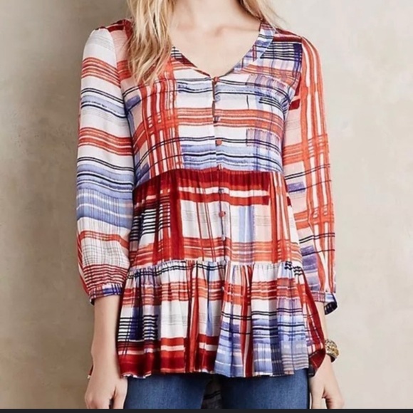 MAEVE ANTHROPOLOGIE RED BLUE PLAID FLOWY 3/4 Sleeve Blouse TUNIC TOP XS EUC - Picture 2 of 12